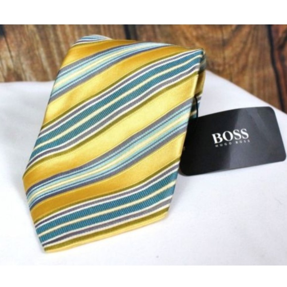 Hugo Boss Men's Necktie Striped Tie Gold Silk - Picture 3 of 6